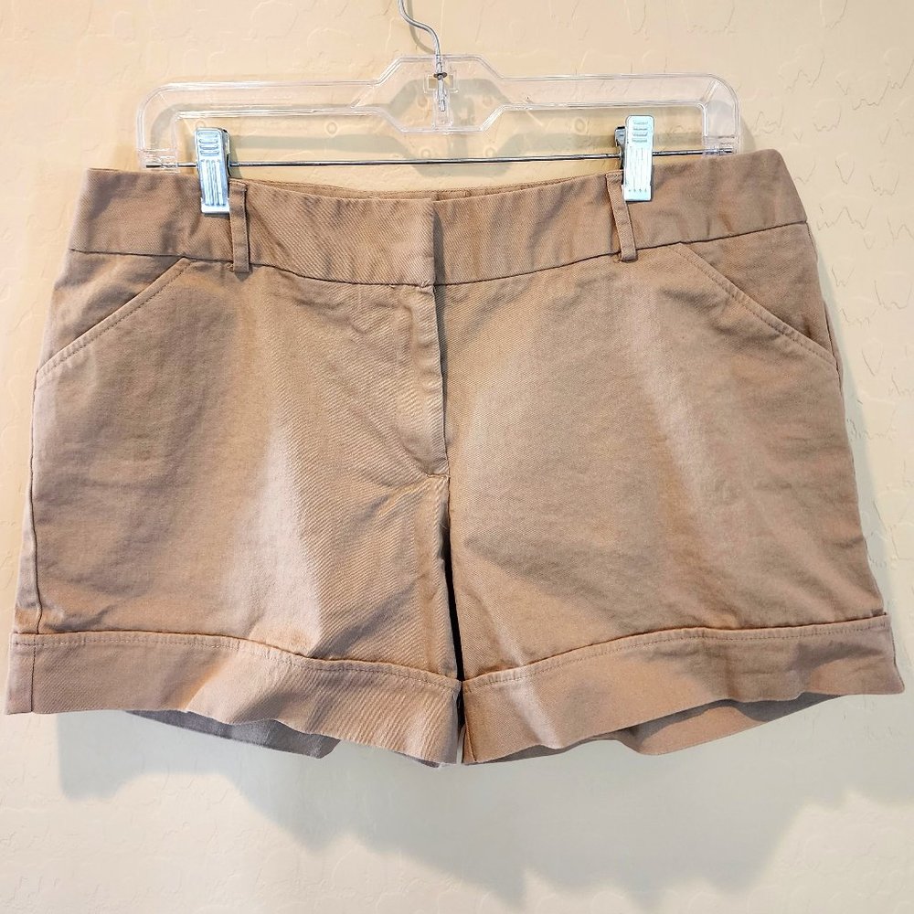 Women's Khaki Tan Casual Shorts Size 14 Faux Cuffs, Pockets